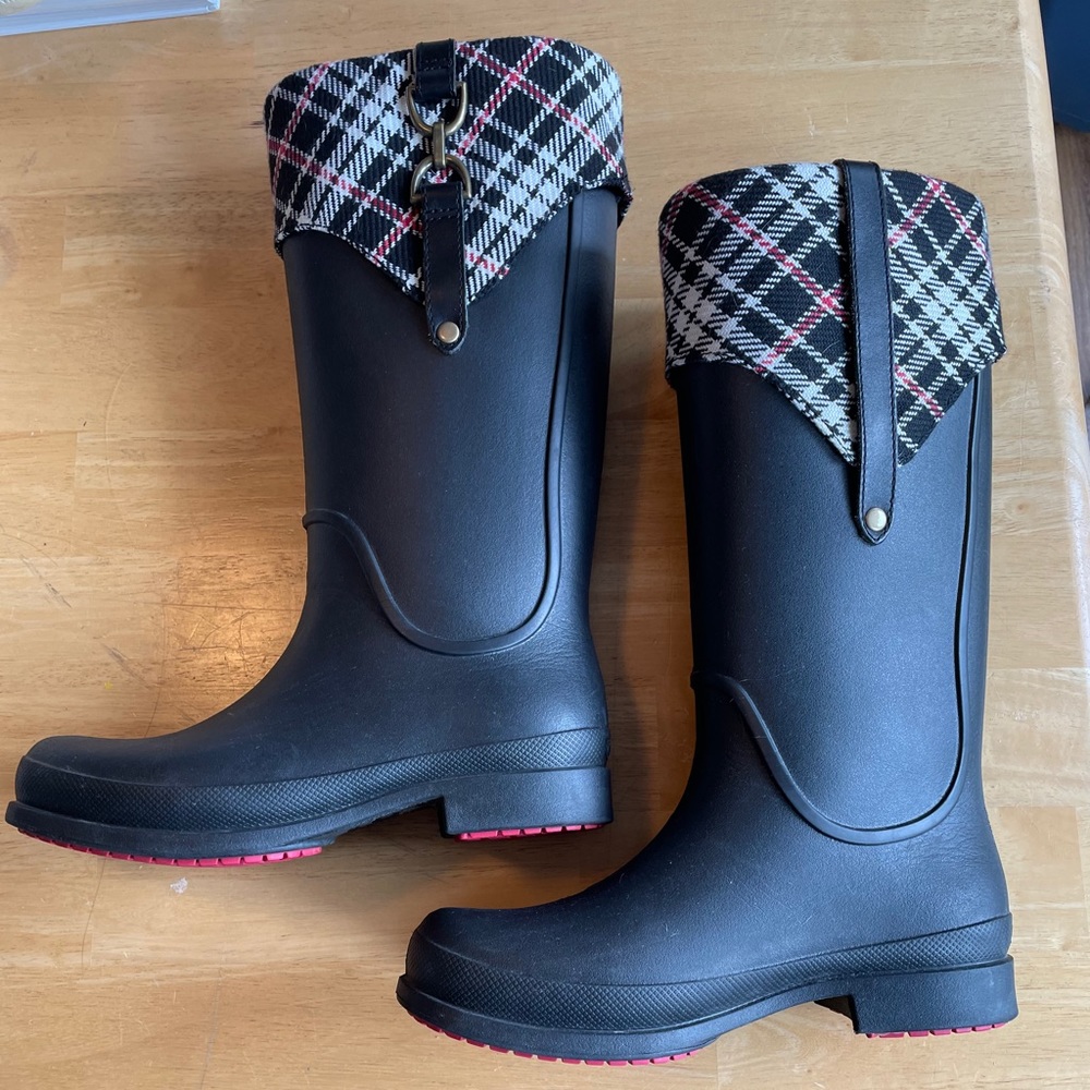 CROCS Black Rain Boots with Plaid Cuff